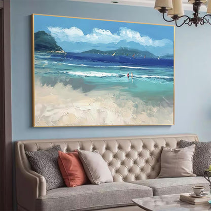 Vibrant Beach Scene Oil Painting with Ocean Waves and Sailboats
