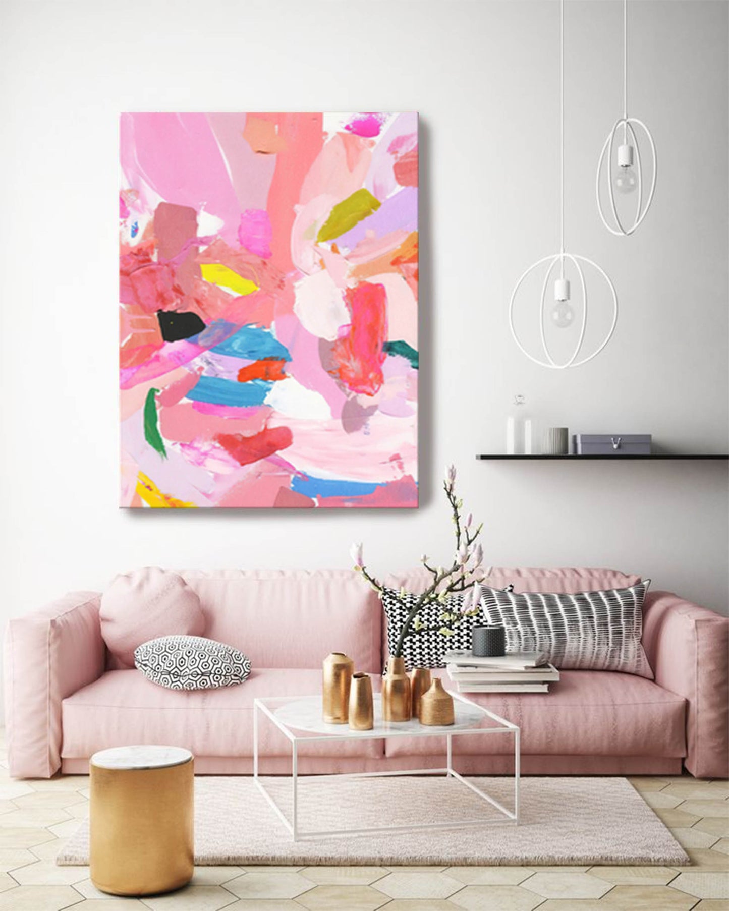 Vibrant Abstract Oil Painting in Pink and Colorful Brushstrokes for Modern Decor