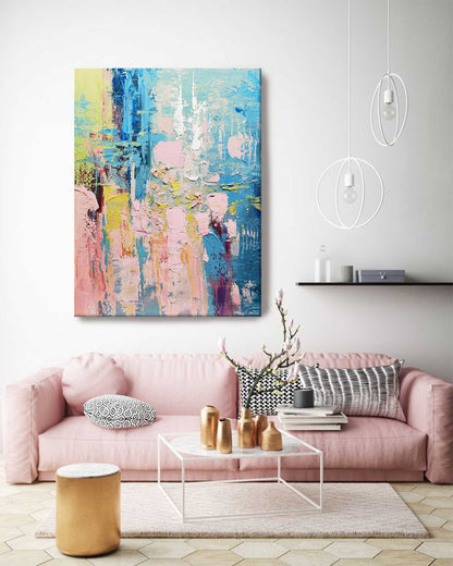 Vibrant Abstract Oil Painting with Blue and Pink Tones for Modern Home Decor