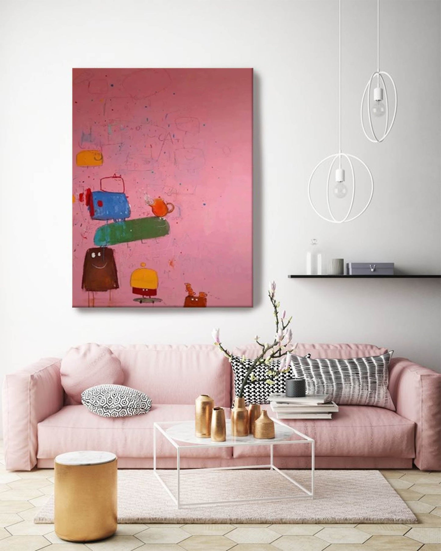 Whimsical Abstract Oil Painting with Colorful Characters on Pink Background