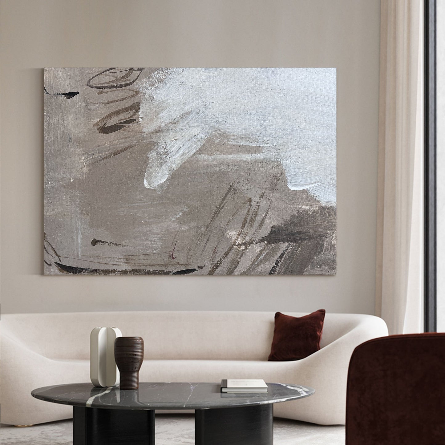 Contemporary Abstract Oil Painting with Dynamic Brushstrokes and Earthy Tones