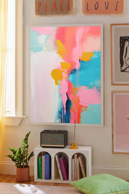 Vibrant Abstract Oil Painting in Pink, Blue, and Yellow for Modern Home Decor