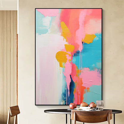 Vibrant Abstract Oil Painting in Pink, Blue, and Yellow for Modern Home Decor