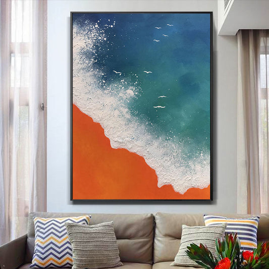 Coastal Serenity: Vibrant Ocean Waves and Sandy Shore Oil Painting