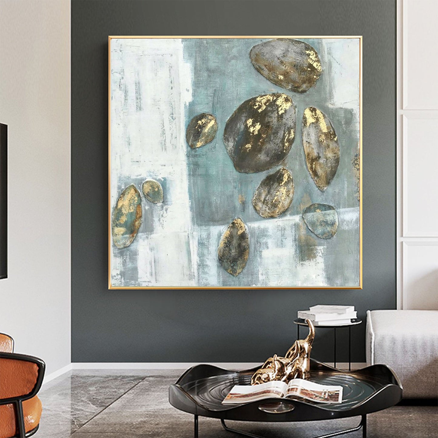 Serene Green Abstract Oil Painting with Textured Gold Accents for Modern Decor