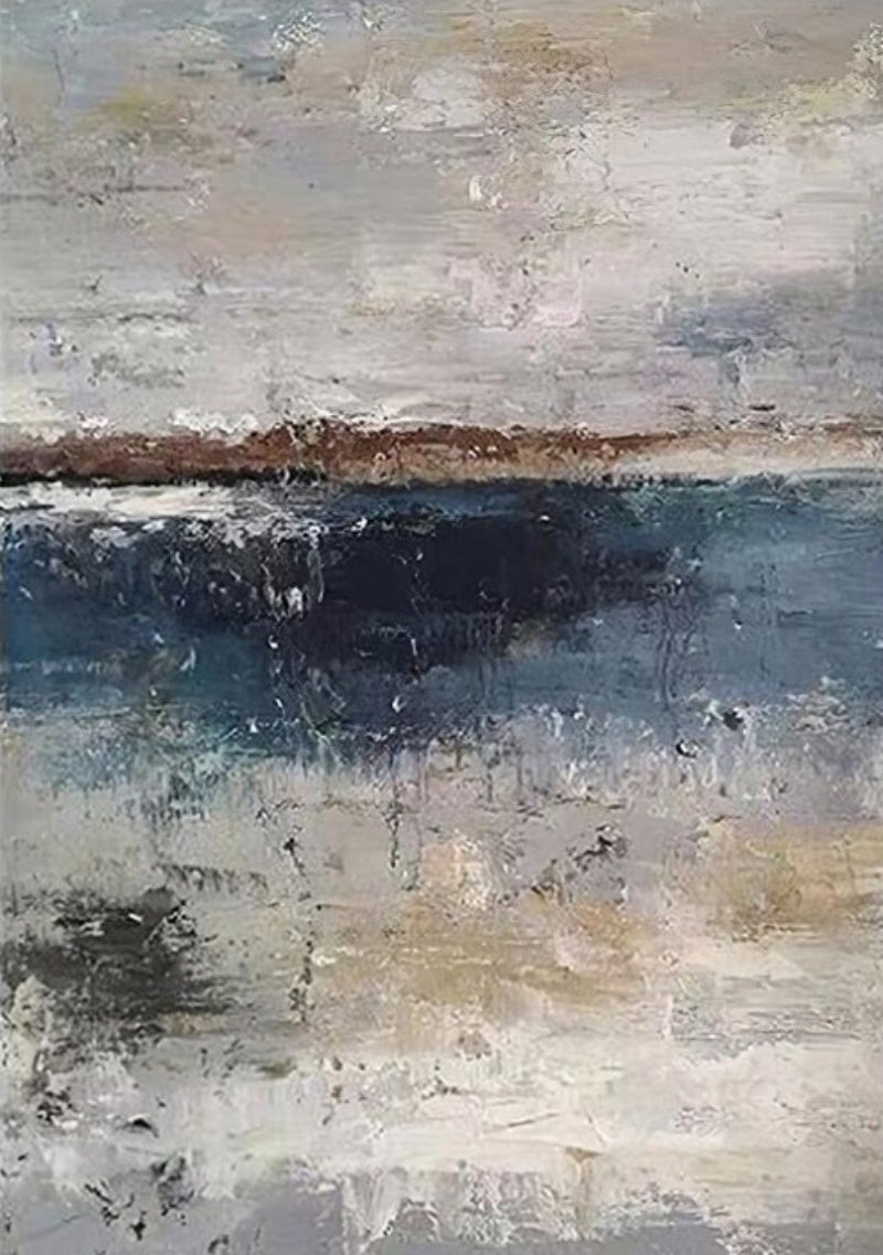 Serene Coastal Abstract Oil Painting in Tranquil Blues and Earthy Tones