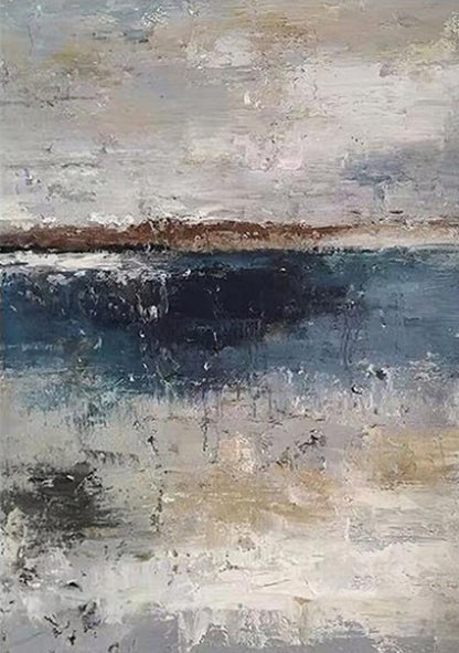 Serene Coastal Abstract Oil Painting in Tranquil Blues and Earthy Tones