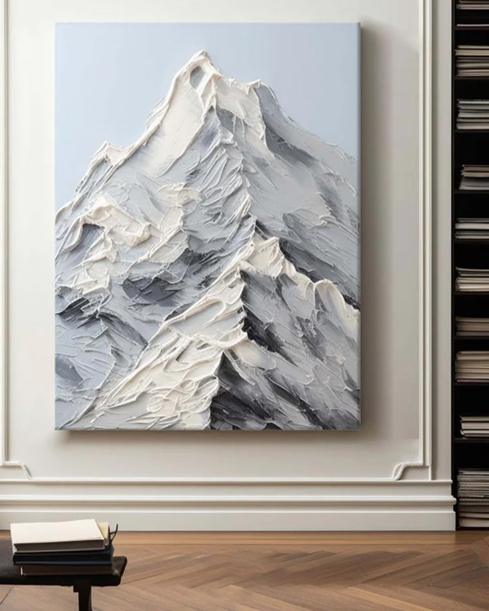 Stunning Modern Oil Painting of Majestic Mountain Landscape in Grayscale