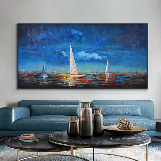 Tranquil Sunset Sail: Ocean View Oil Painting for Serene Home Décor