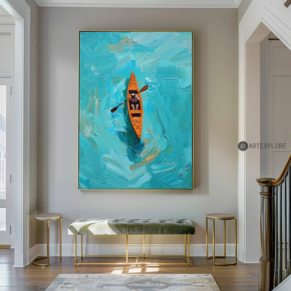 Vibrant Blue Ocean Kayaking Oil Painting for Nautical Home Decor