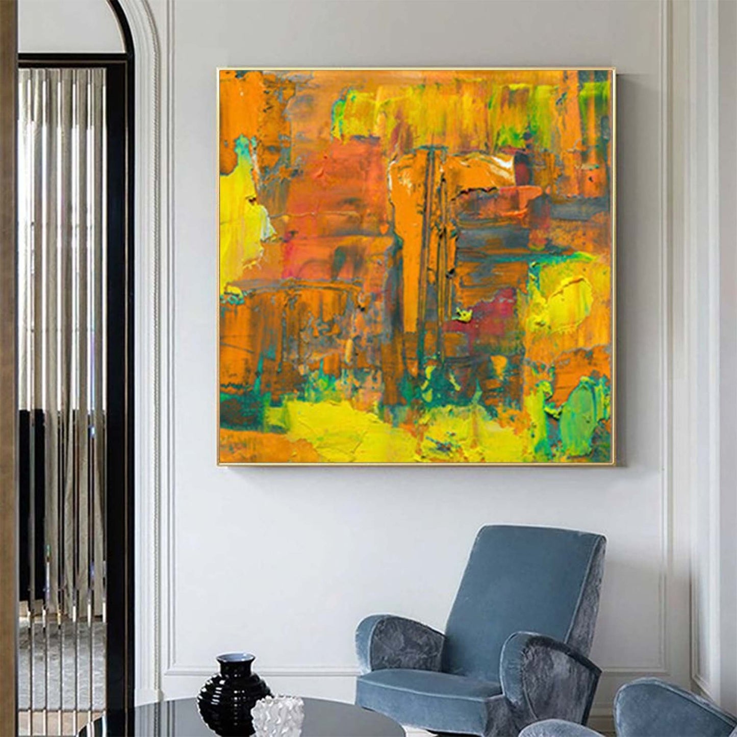 Vibrant Abstract Oil Painting in Orange and Yellow for Modern Home Decor