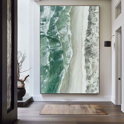 Serene Green Seascape Oil Painting for Coastal Home Decor