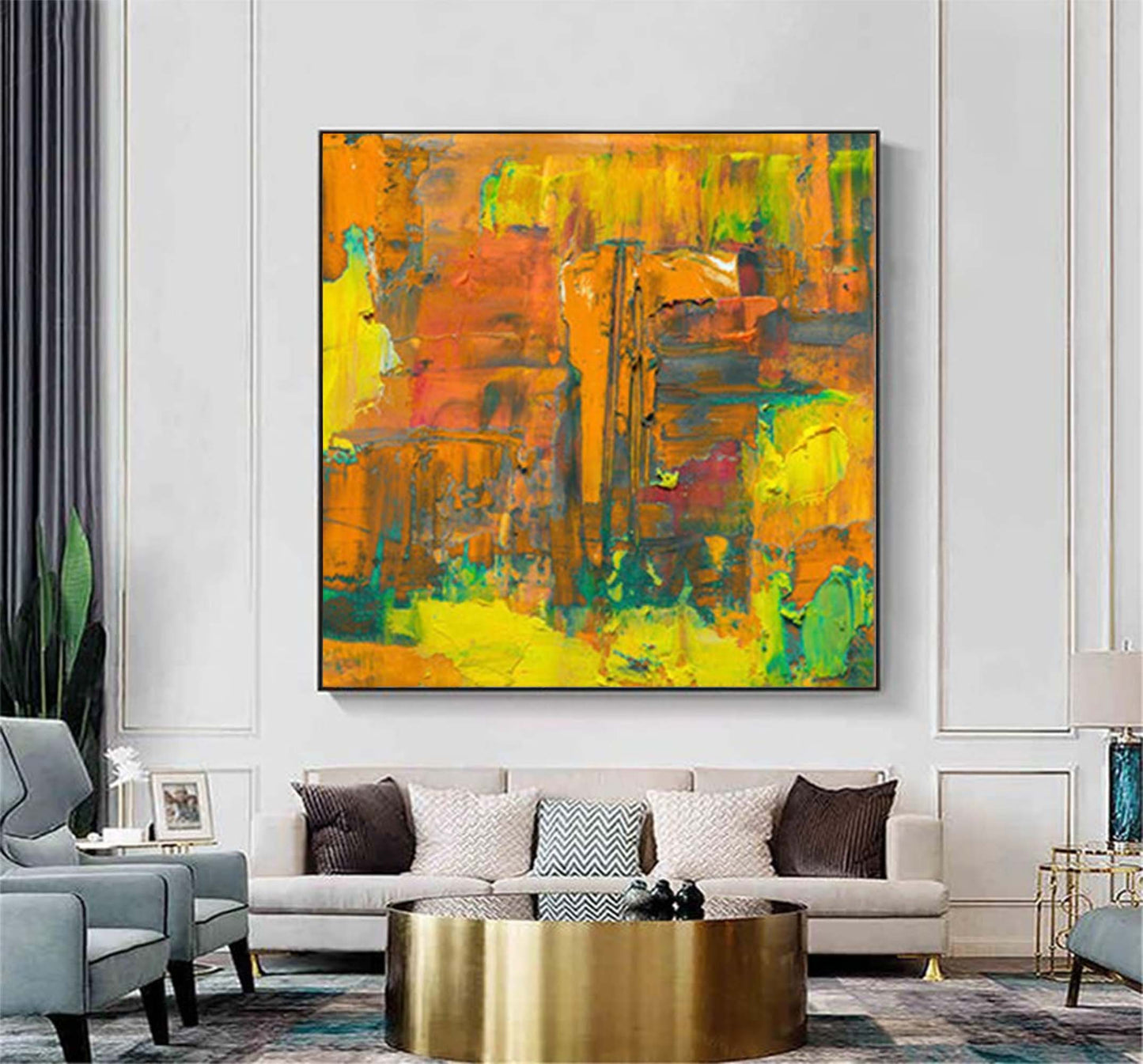 Vibrant Abstract Oil Painting in Orange and Yellow for Modern Home Decor