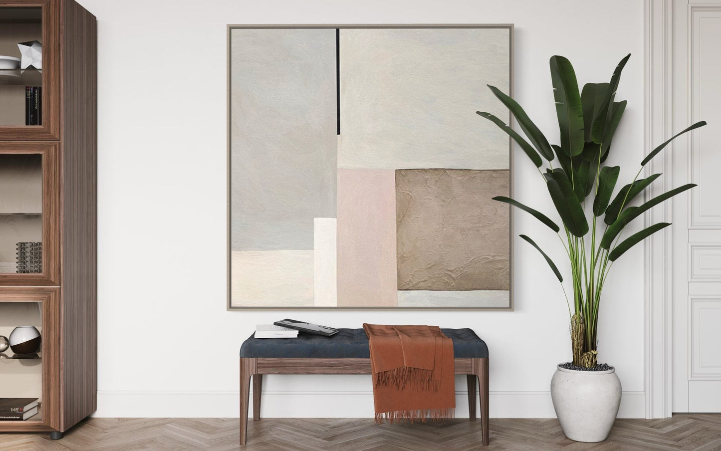 Contemporary Abstract Oil Painting with Muted Tones and Geometric Shapes