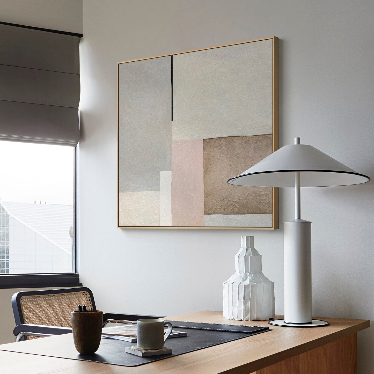 Contemporary Abstract Oil Painting with Muted Tones and Geometric Shapes