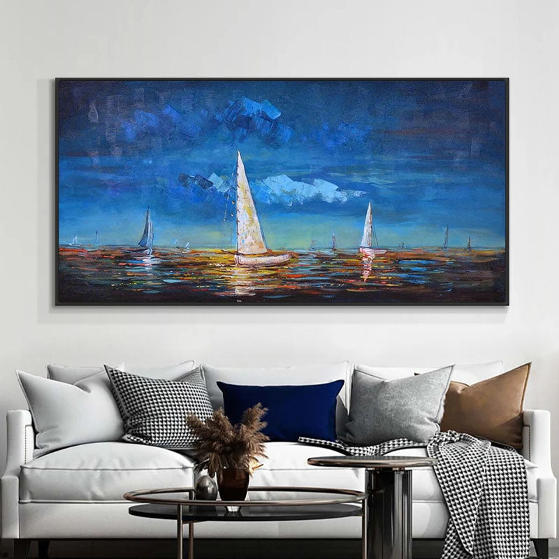 Tranquil Sunset Sail: Ocean View Oil Painting for Serene Home Décor