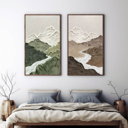 Serene Mountain River Oil Painting Diptych for Elegant Home Decor