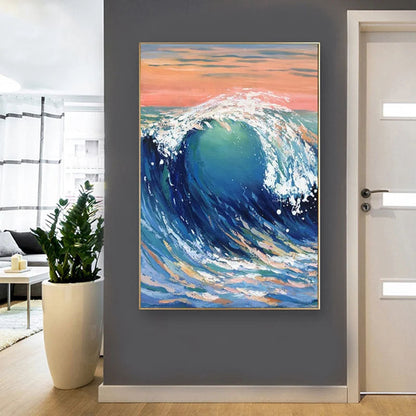 Majestic Ocean Wave Oil Painting with Vibrant Blue and Pink Sunset