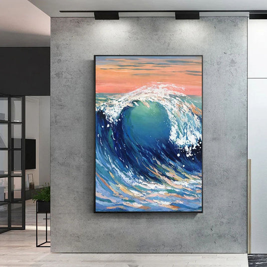 Majestic Ocean Wave Oil Painting with Vibrant Blue and Pink Sunset