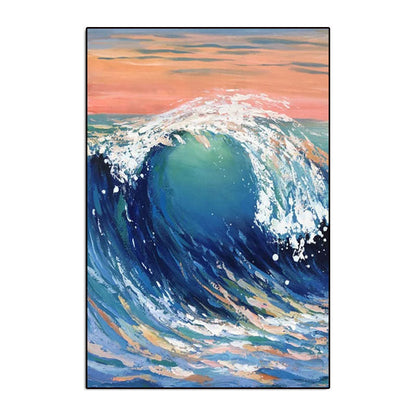 Majestic Ocean Wave Oil Painting with Vibrant Blue and Pink Sunset