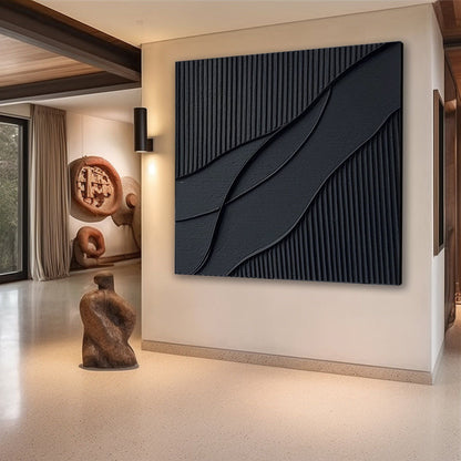 Elegant Black Waves Abstract Oil Painting for Modern Home Decor