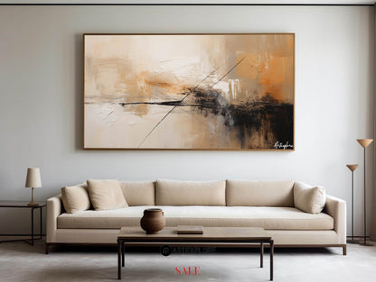 Contemporary Abstract Oil Painting with Earthy Tones and Geometric Lines