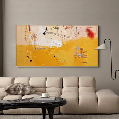 Vibrant Abstract Oil Painting with Musical Notes and Warm Yellow Tones for Modern Decor