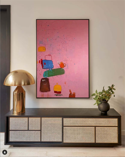 Whimsical Abstract Oil Painting with Colorful Characters on Pink Background