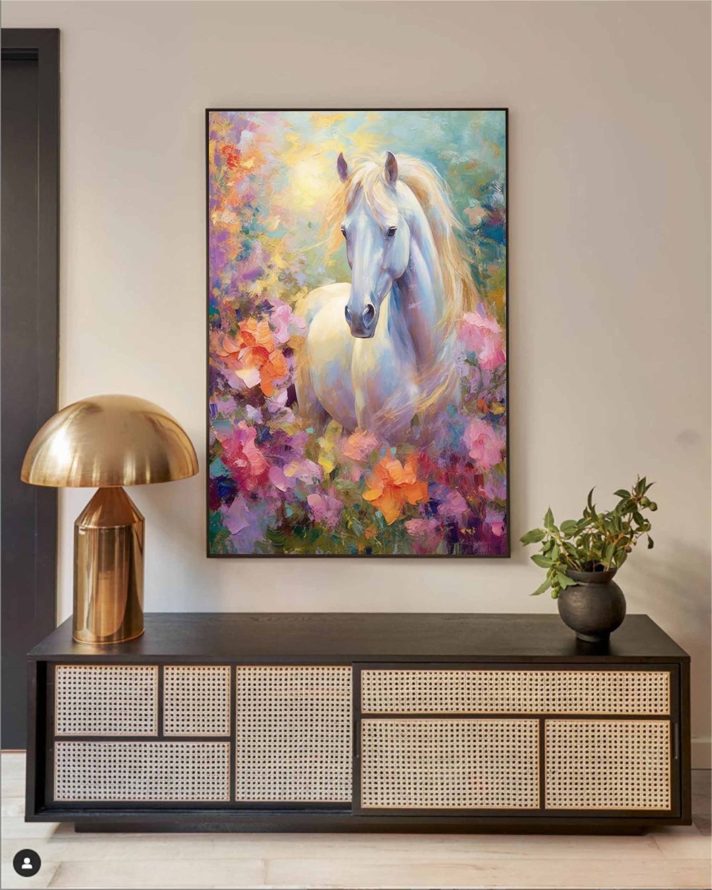 Majestic White Horse Oil Painting in Vibrant Floral Background