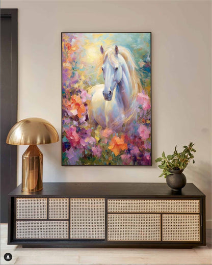 Majestic White Horse Oil Painting in Vibrant Floral Background