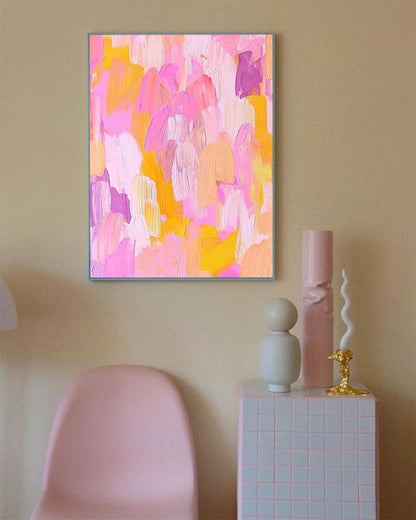 Vibrant Abstract Oil Painting in Pink and Yellow for Colorful Home Decor