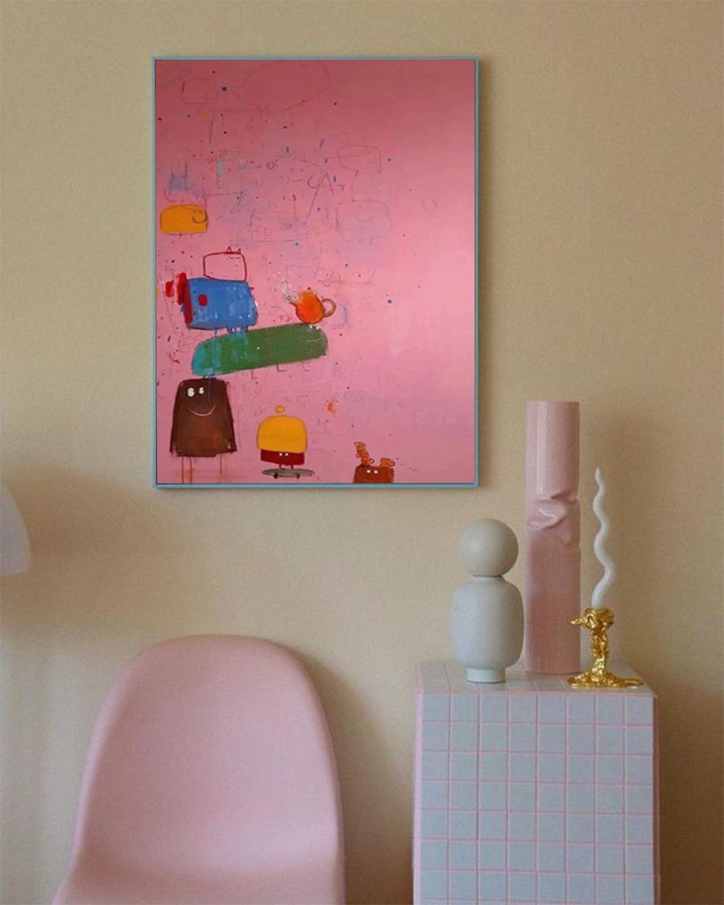 Whimsical Abstract Oil Painting with Colorful Characters on Pink Background