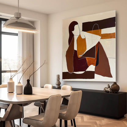 Contemporary Minimalist Oil Painting of Abstract Figures in Earthy Tones