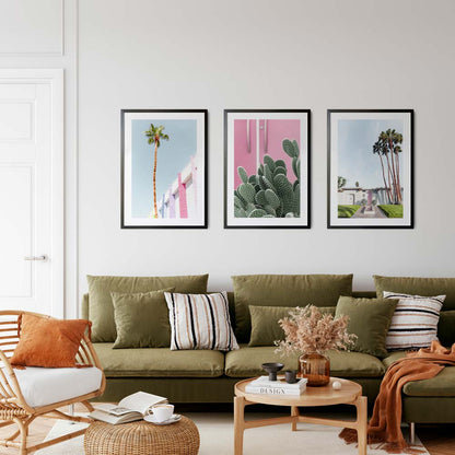 Tropical Palm and Cactus Trio with Pink Door Artwork for Modern Decor