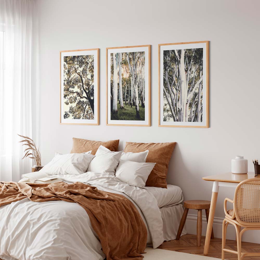 Trio of Scenic Ghost Gums - Serene Nature Oil Paintings for Modern Living Spaces