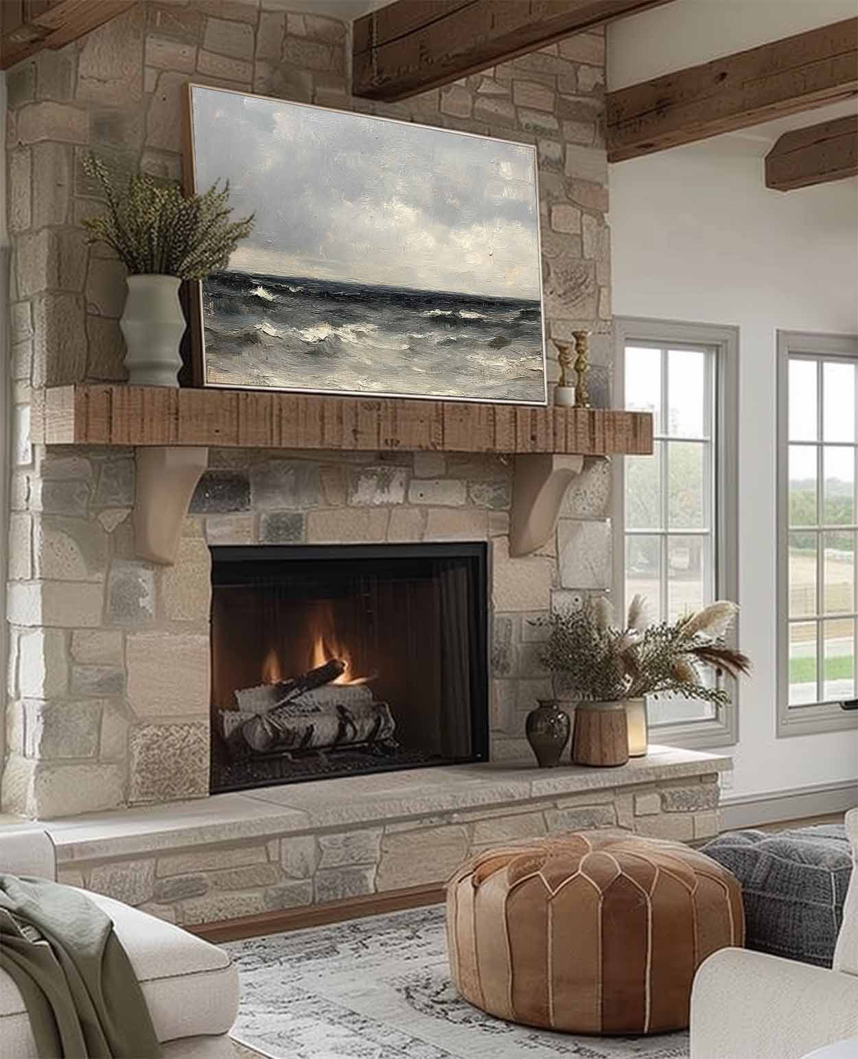 Serene Coastal Wave Oil Painting with Dramatic Sky in Vintage Style