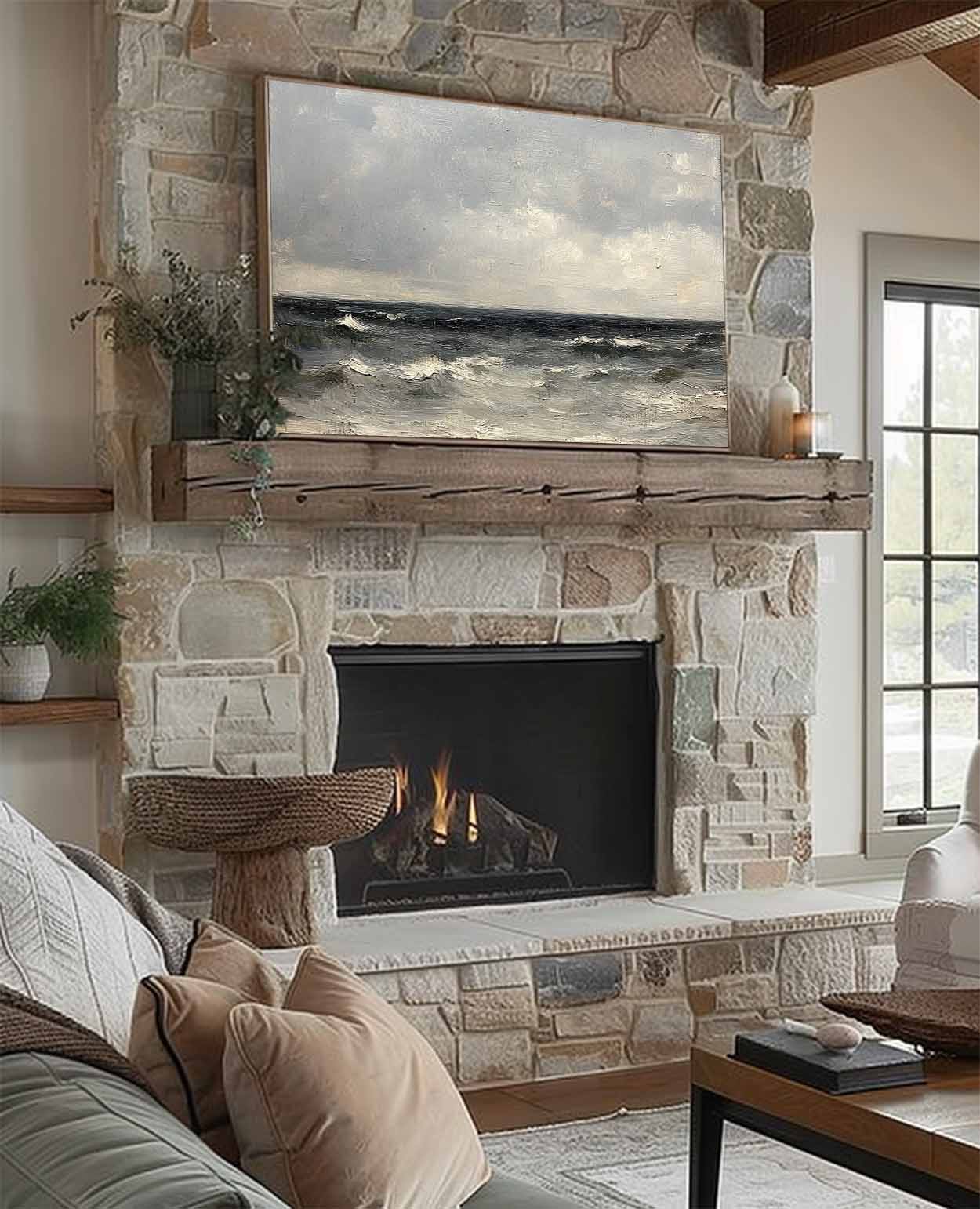 Serene Coastal Wave Oil Painting with Dramatic Sky in Vintage Style