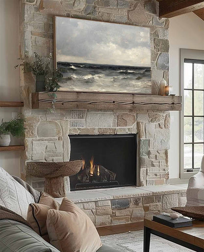 Serene Coastal Wave Oil Painting with Dramatic Sky in Vintage Style