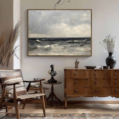 Serene Coastal Wave Oil Painting with Dramatic Sky in Vintage Style