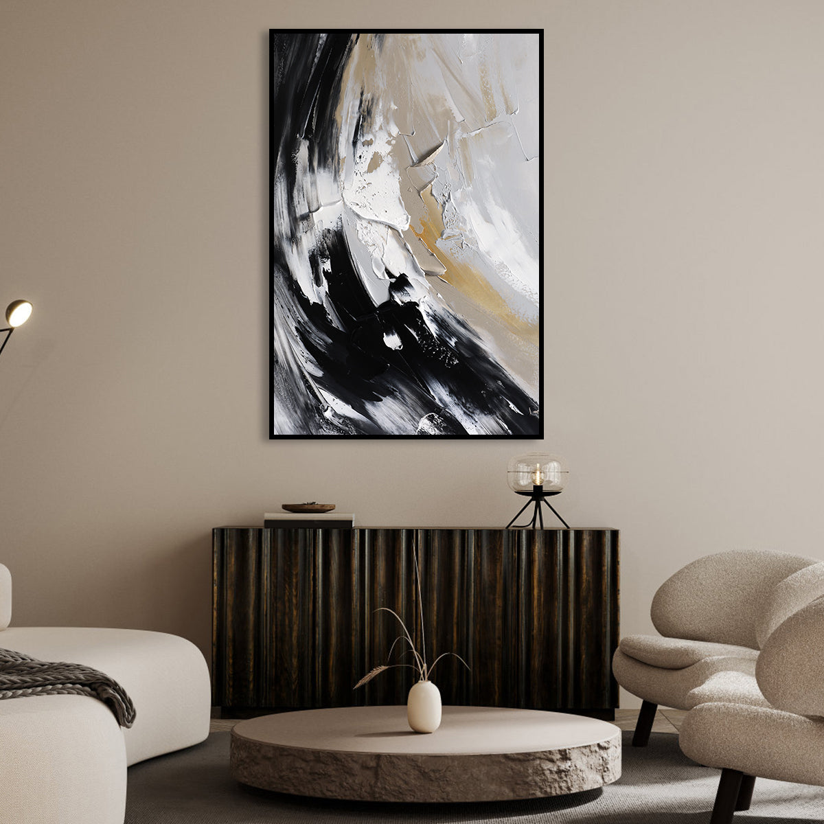 Monochrome Abstract Oil Painting: Elegant Serenity for Modern Decor