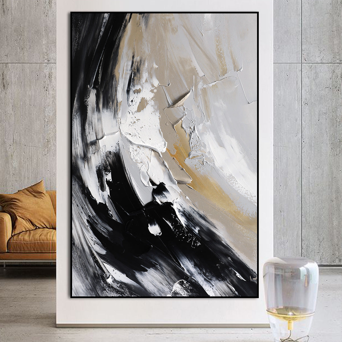 Monochrome Abstract Oil Painting: Elegant Serenity for Modern Decor