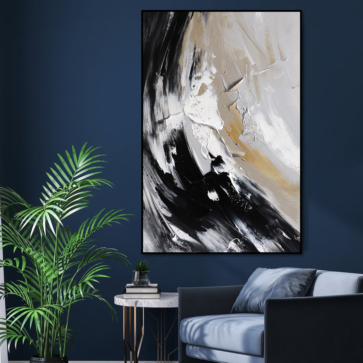 Monochrome Abstract Oil Painting: Elegant Serenity for Modern Decor