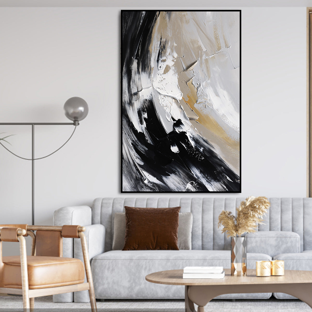 Monochrome Abstract Oil Painting: Elegant Serenity for Modern Decor