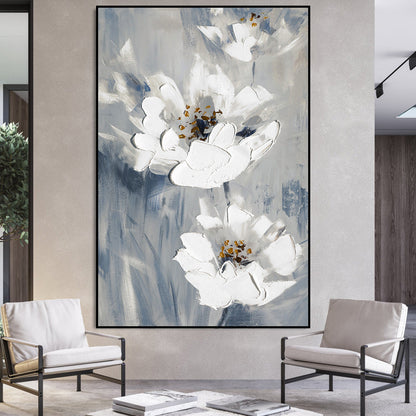 Elegant White Floral Oil Painting for Home Decor and Serenity