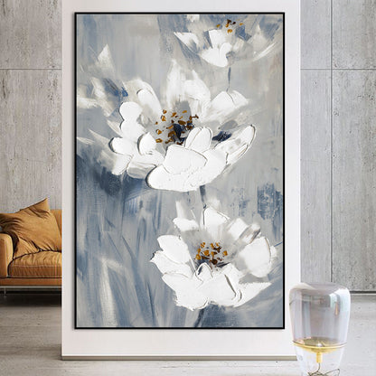 Elegant White Floral Oil Painting for Home Decor and Serenity