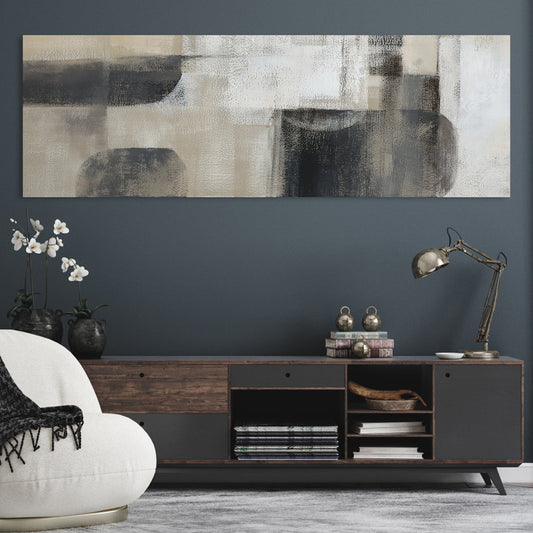 Contemporary Abstract Oil Painting in Beige and Black for Modern Home Decor