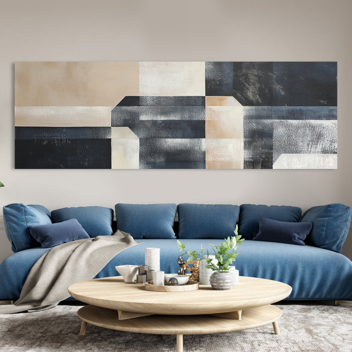 Abstract Monochrome Geometric Oil Painting for Modern Home Decor