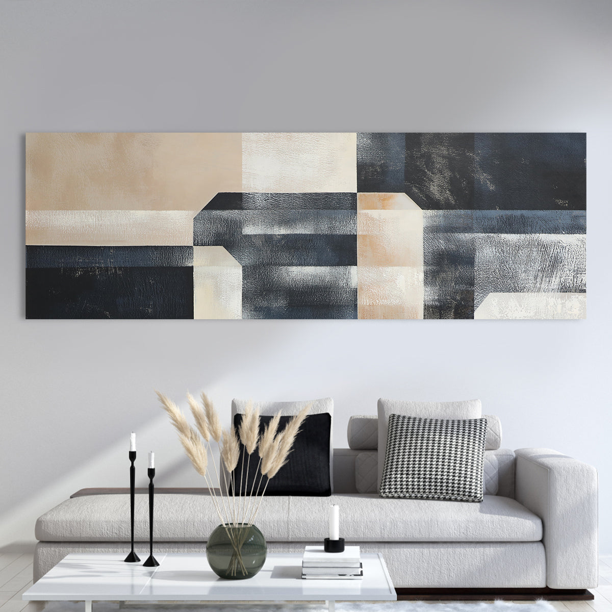 Abstract Monochrome Geometric Oil Painting for Modern Home Decor