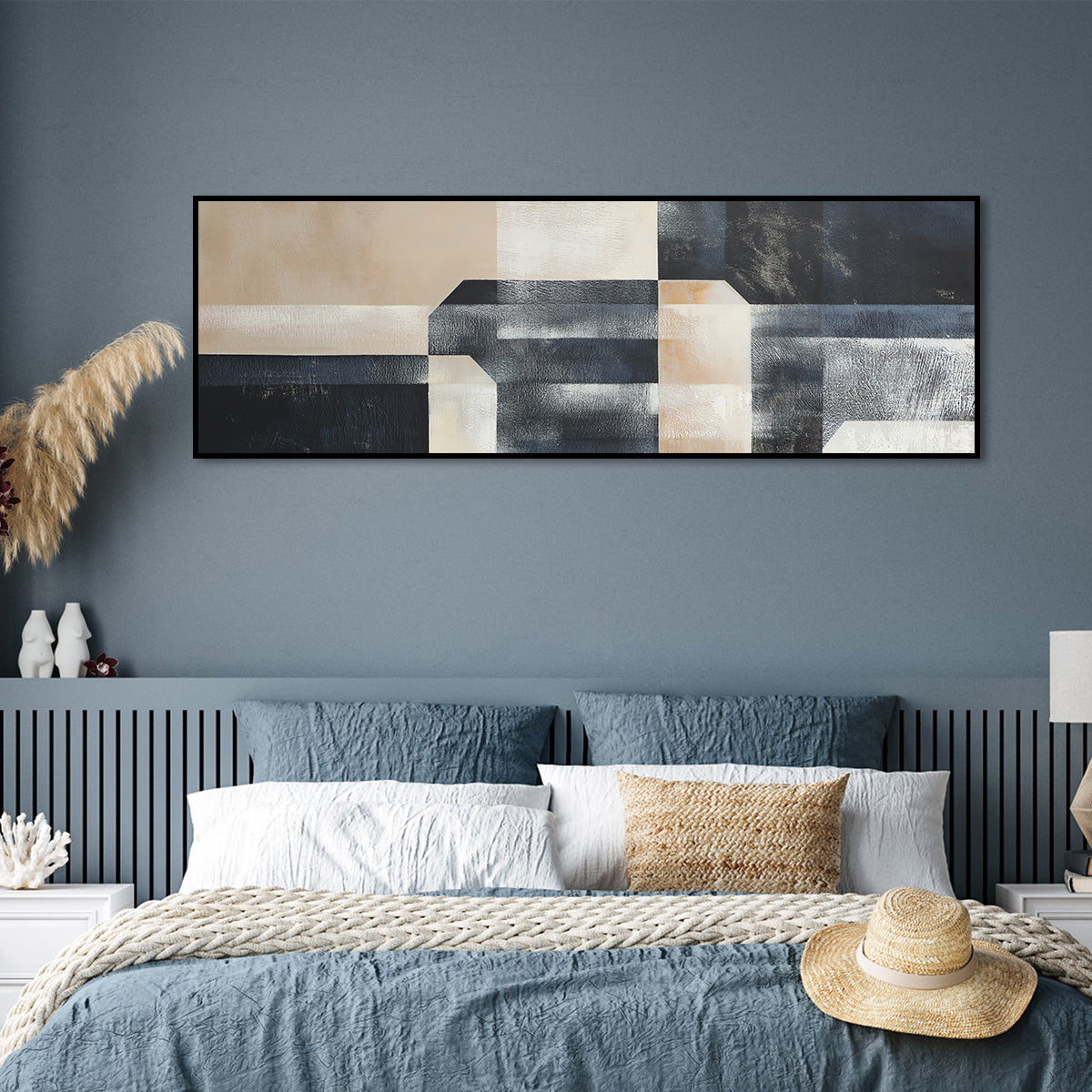 Abstract Monochrome Geometric Oil Painting for Modern Home Decor