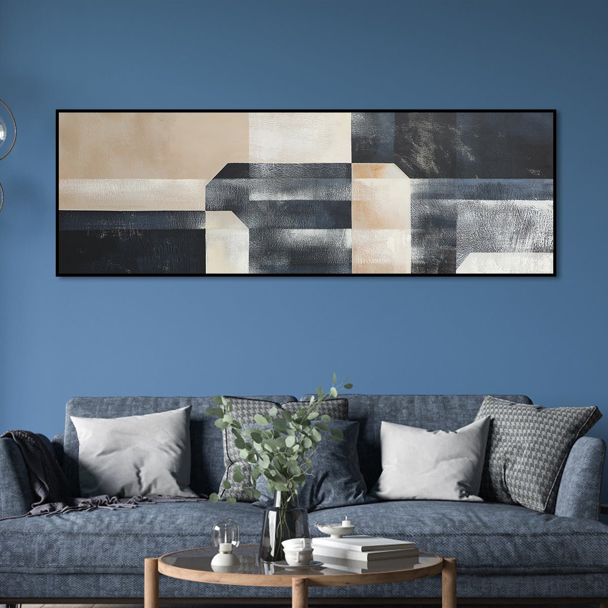 Abstract Monochrome Geometric Oil Painting for Modern Home Decor